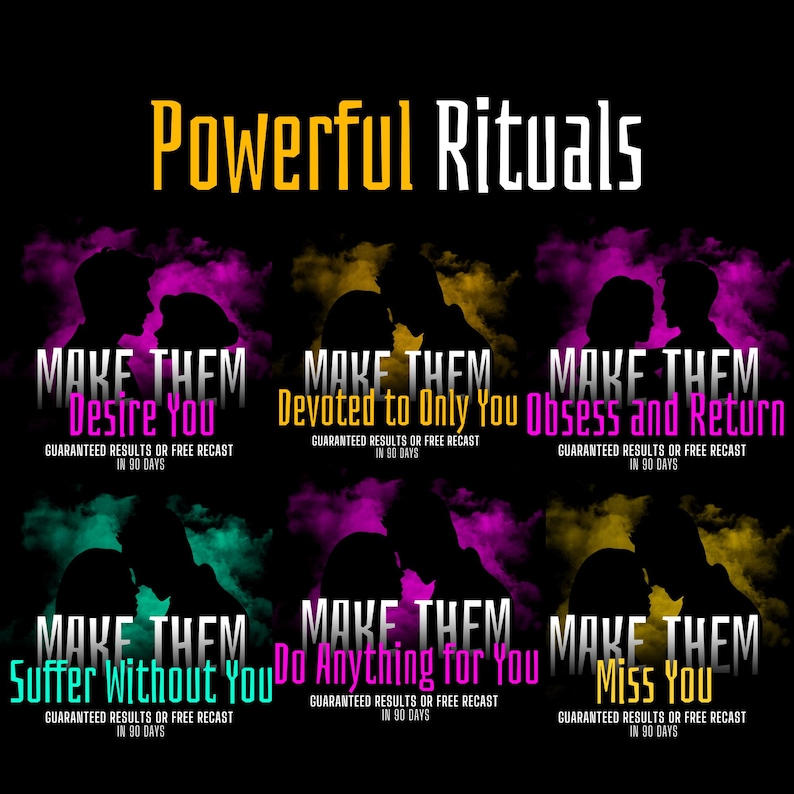 Puede incluir: Un gr&aacute;fico promocional con el t&iacute;tulo "Powerful Rituals" en amarillo. Presenta seis secciones con siluetas de parejas y frases como "Make Them Obsess and Return" y "Make Them Do Anything for You".