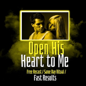 Può includere: Immagine con un filtro giallo che mostra una coppia in un abbraccio romantico. Il testo "Open His Heart to Me" è in giallo, con testo aggiuntivo in basso. Lo sfondo è nero con effetti di nuvole gialle.