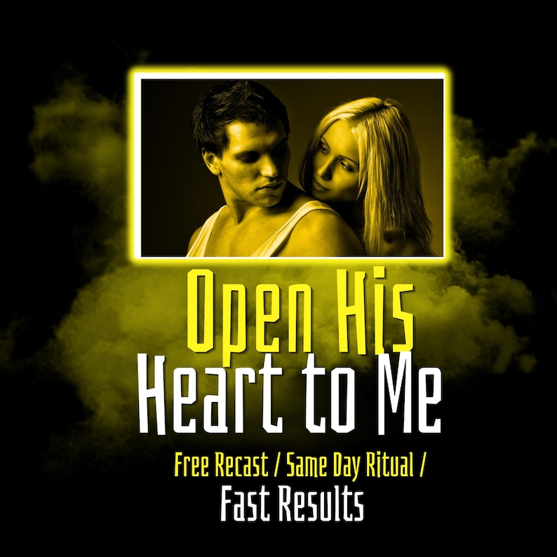 Puede incluir: Imagen con un filtro amarillo que muestra a una pareja en un abrazo rom&aacute;ntico. El texto "Open His Heart to Me" est&aacute; en amarillo, con texto adicional debajo. El fondo es negro con efectos de nubes amarillas.