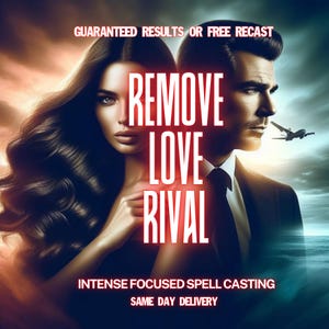 May include: Digital art featuring a man and woman with the words "REMOVE LOVE RIVAL" in large, glowing letters. The text "GUARANTEED RESULTS OR FREE RECAST" and "INTENSE FOCUSED SPELL CASTING SAME DAY DELIVERY" are also present.