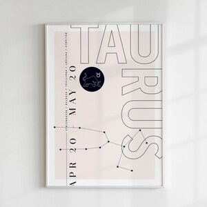 Stier afdrukken | Zodiac afdrukbare kunst aan de muur | Sterrenbeeld Kunst | Paren of babycadeau | Downloadbaar | Astrologie Geboortemaand