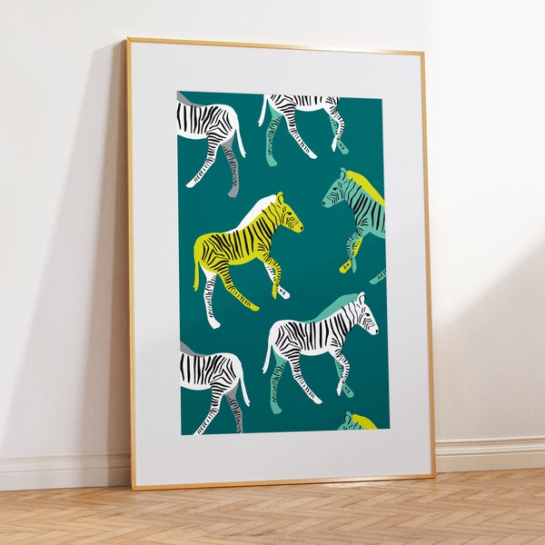 zebras | printable wall art | large poster | digital art | modern boho room decor |  safari art | jungle wall art | mod animal print | green