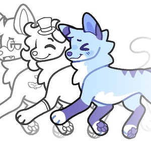 Puede incluir: Una ilustración digital de tres zorros de dibujos animados. El zorro de la derecha es azul y blanco, el zorro del medio es blanco y el zorro de la izquierda está delineado en negro.