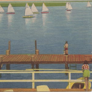 Carte postale vintage en lin de régate de voiliers - scène de quai du lac - éphémères nautiques des années 1940 - approvisionnement de Junk Journal - téléchargement numérique