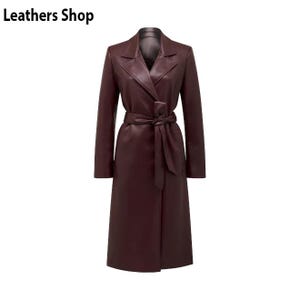 Burgundy Lambskin Leather Trench Coat: Women&#39;s Long Winter Coat