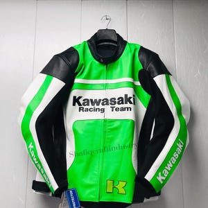 Kawasaki Racing Leather Motorcycle Jacket: Green & Black Biker Jacket