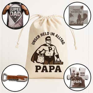 Vatertag Geschenkset für Papa: Multitool (mit 2 Flaschenöffner, Messer, Korkenöffner), Grillschürze, Deko & Grußkarte – Geschenkidee für Dad