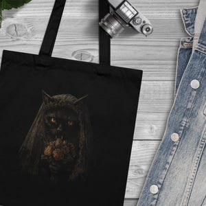 Gothic Cat Tote Bag | Organic Cotton Eco-Friendly Shopping Bag, Black Cat Lover Gift, Halloween Tote, Stylish Reusable Bag