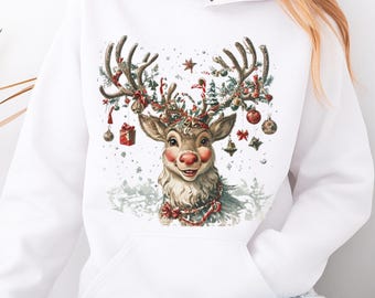 Christmas Reindeer Hoodie – Vintage Holiday Art Sweatshirt