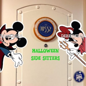 May include: Halloween door decoration with Mickey Mouse dressed as a vampire and Minnie Mouse as a devil. The door has a porthole with the number 10552. Text reads "Halloween Side Sitters."