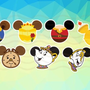 May include: A selection of cartoon character stickers inspired by Beauty and the Beast. The stickers feature characters such as Belle, Beast, Lumiere, Cogsworth, Mrs. Potts, and Chip, each with Mickey Mouse ears.