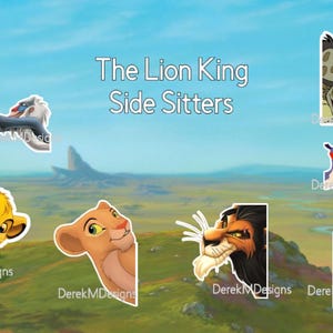 May include: A selection of cartoon character stickers from Disney's The Lion King, featuring Simba, Nala, Scar, and other characters. The stickers are designed as side sitters, with a landscape background and the text "The Lion King Side Sitters".