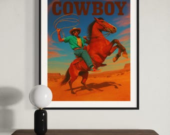 Retro Cowboy Wand Kunst Bunt Western Pferde Reiter Druck, Vintage Rodeo Poster Ästhetik, Southwestern Dekor für zu Hause oder im Büro