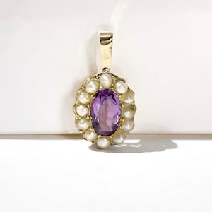 Vintage 18k Gold, amethyst and fine pearl pendant