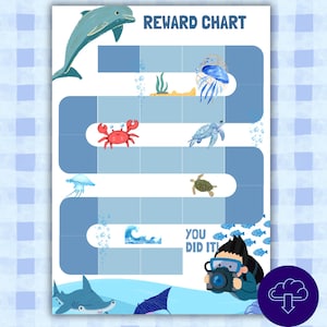 Può includere: Un grafico delle ricompense blu e bianco con illustrazioni di creature marine, tra cui un delfino, un granchio, una medusa e una tartaruga. Il grafico ha un percorso con spazi per le ricompense e il testo "Reward Chart" in alto. Le parole "You Did It!" sono in basso.