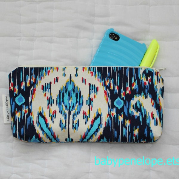 Pencil Case/Cosmetic Bag/ Gadget Case - Blue Ikat - LAST ONE