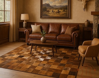 Könnte beinhalten: Ein Wohnzimmer mit einem braunen Ledersofa, einem Kuhfellteppich mit Schachbrettmuster und einem Holztisch. Der Raum ist mit einem Gemälde von Cowboys, einem Stierschädel und einem Sessel dekoriert. Die Farbpalette ist warm, mit Braun- und Beigetönen.