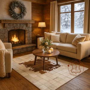 May include: A cozy living room scene with a stone fireplace, a lit fire, and a wreath above. A beige sofa, a round wooden coffee table, and a cowhide rug complete the warm, inviting space. A snowy view is seen through the window.