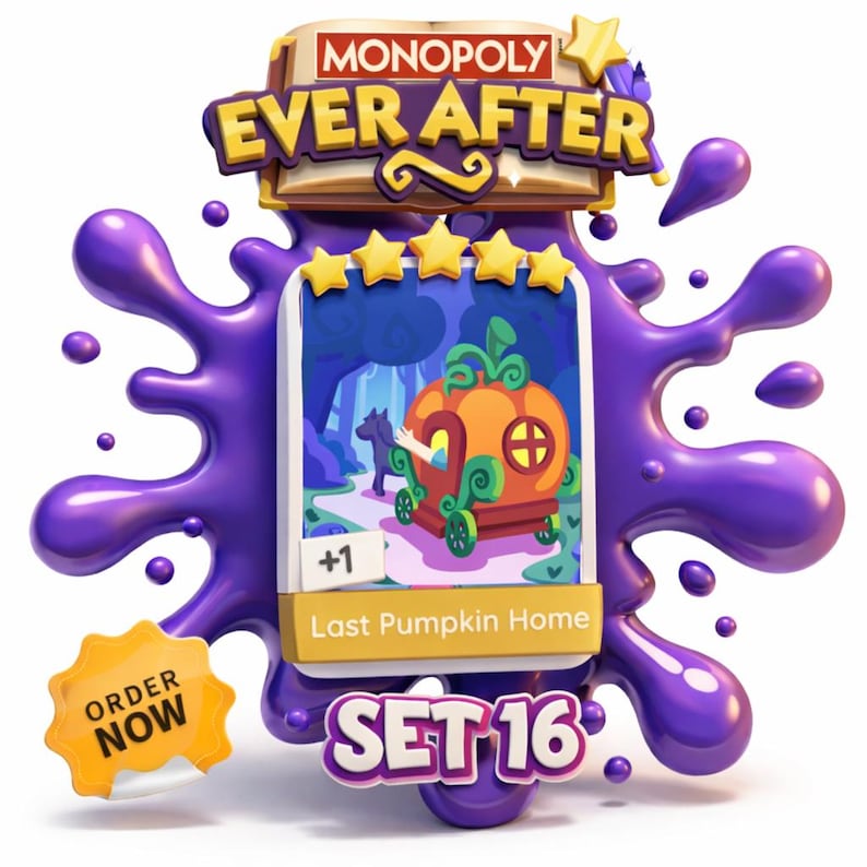 Puede incluir: Una tarjeta del juego Monopoly Ever After con una ilustraci&oacute;n de un carruaje de calabaza, un fondo de bosque y el texto "Last Pumpkin Home". La tarjeta est&aacute; sobre un fondo morado con el texto "SET 16" y "ORDER NOW".