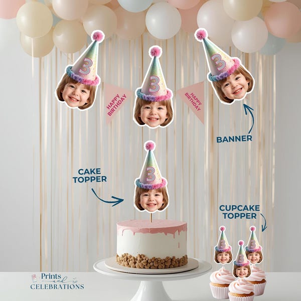 Custom Face Party Decor Set, Cake Topper, Banner, Cupcake Toppers (Digital Download)