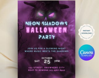 May include: A rectangular Halloween party invitation flyer with a dark purple smoky background featuring a glowing neon figure in a hat. Text reads: NEON SHADOWS HALLOWEEN PARTY, JOIN US FOR A GLOWING NIGHT WHERE MUSIC MEETS THE SHADOWS, OCTOBER SAT 25 7PM.