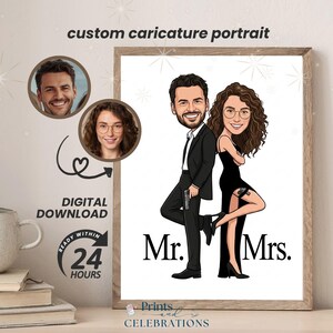 May include: A framed custom caricature portrait featuring a couple in a spy-themed design. The artwork includes individual headshots, the words "Mr. Mrs." and "Digital Download". The frame is light brown.