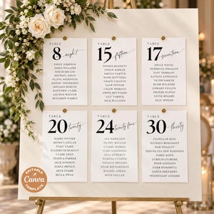 Puede incluir: Un plano de asientos de boda en un caballete dorado con seis tarjetas blancas con texto negro para las mesas 8, 15, 17, 20, 24 y 30. Cada tarjeta enumera los nombres de los invitados en fuente serif. Un arreglo floral de rosas blancas y follaje adorna la esquina superior izquierda.