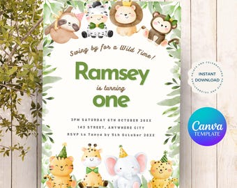Wild One Safari Birthday Invitation, Jungle Animals (Editable Template)