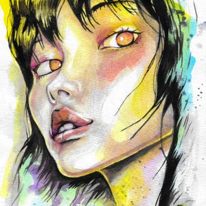 Postal con retrato en acuarela de Amaterasu. Diosa del Sol sintoísta, deidades japonesas, Kami. Ilustración abstracta de estilo anime Japandi.