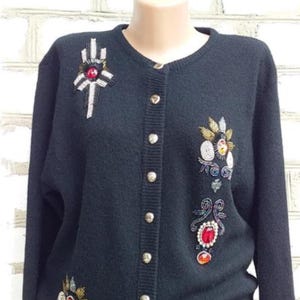 Vintage Schwarze Perlen Verzierte Strickjacke Größe M