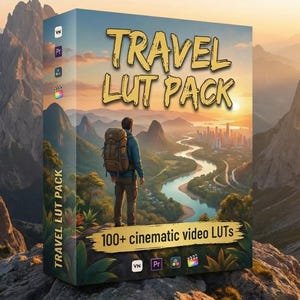 Peut inclure: Une boîte de produit intitulée "TRAVEL LUT PACK" avec une illustration d'une personne avec un sac à dos surplombant une rivière et une ville. La boîte comprend également le texte "100+ LUTs vidéo cinématiques" et les logos VN, Pr et une bobine de film.