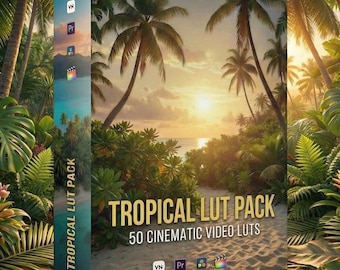 May include: A product box titled "Tropical LUT Pack" with a tropical beach scene. The box is surrounded by lush green foliage and palm trees. The text on the box reads "50 Cinematic Video LUTs".