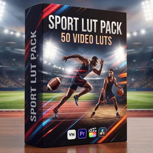 May include: A product box titled "SPORT LUT PACK" with "50 VIDEO LUTS" displayed. The box features illustrations of athletes playing football and basketball. The background shows a stadium with bright lights.