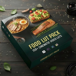 May include: A dark green box with the text "FOOD LUT PACK" and "150+ CINEMATIC VIDEO LUTS" features images of ramen, avocado toast, and grilled salmon. The box is on a dark wooden surface with scattered leaves and cables.