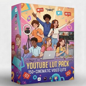 Peut inclure: Une boîte colorée avec une illustration de dessin animé d'un groupe de personnes travaillant sur la production vidéo. Le texte "YOUTUBE LUT PACK" et "150+ CINEMATIC VIDEO LUTS" sont affichés. La boîte a un design vibrant avec des icônes de médias sociaux.