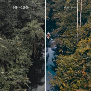 May include: Split image comparing a jungle scene before and after editing. The left side, labelled "BEFORE," shows a darker, less vibrant view of the green foliage. The right side, labelled "AFTER," shows a brighter, more colourful version with a boat on the water.