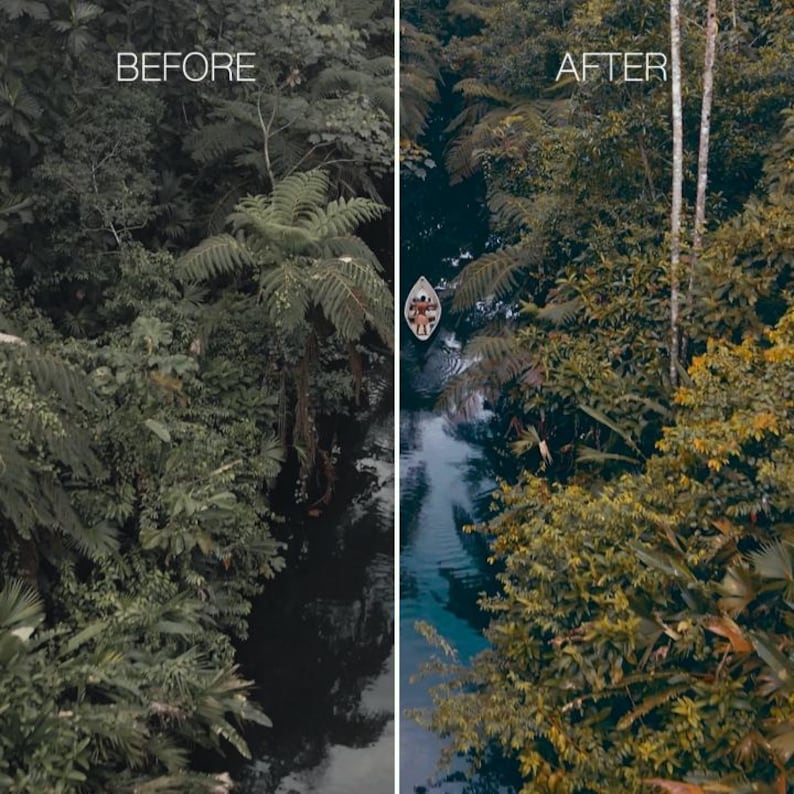May include: Split image comparing a jungle scene before and after editing. The left side, labelled "BEFORE," shows a darker, less vibrant view of the green foliage. The right side, labelled "AFTER," shows a brighter, more colourful version with a boat on the water.