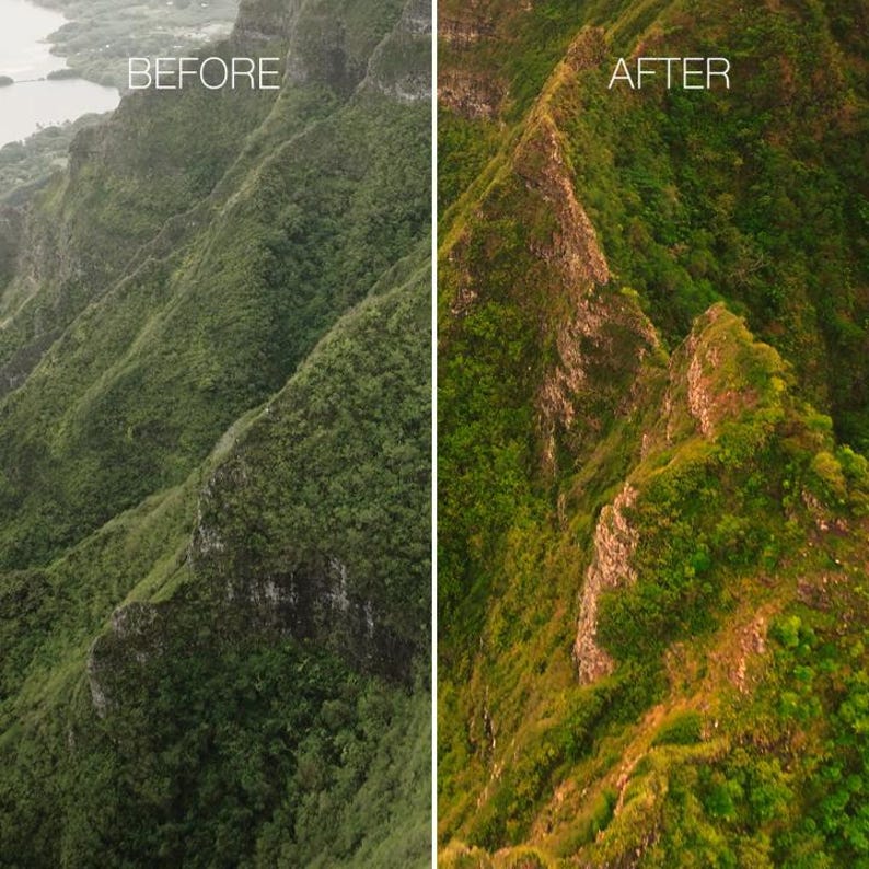 May include: A split image showing a mountain range before and after editing. The left side, labelled "BEFORE", shows a green mountain with a body of water in the distance. The right side, labelled "AFTER", shows the same mountain with enhanced colours.