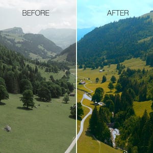 May include: Split image showing a before and after comparison of a mountain landscape. The left side, labeled "BEFORE", shows a muted, hazy view. The right side, labeled "AFTER", displays a vibrant, clear view of the same landscape.