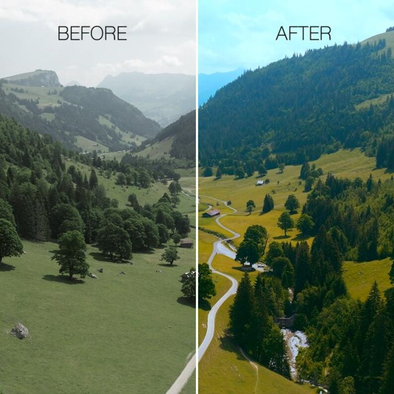 May include: Split image showing a before and after comparison of a mountain landscape. The left side, labeled "BEFORE", shows a muted, hazy view. The right side, labeled "AFTER", displays a vibrant, clear view of the same landscape.
