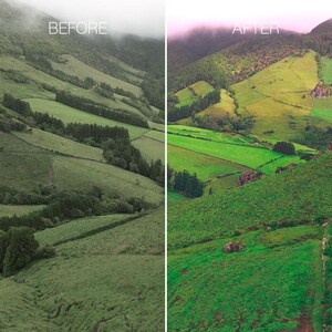 May include: A split image showing a landscape before and after photo editing. The "BEFORE" side shows a muted green hillside with fog. The "AFTER" side shows a vibrant green landscape with enhanced colours and clarity.