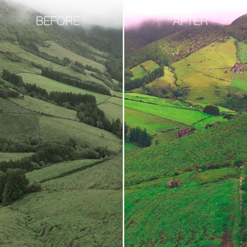 May include: A split image showing a landscape before and after photo editing. The "BEFORE" side shows a muted green hillside with fog. The "AFTER" side shows a vibrant green landscape with enhanced colours and clarity.