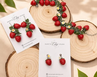 Erdbeeren Schmuck Set Ohrringe Armband Handgemachte Polymer Clay Obst Schmuck
