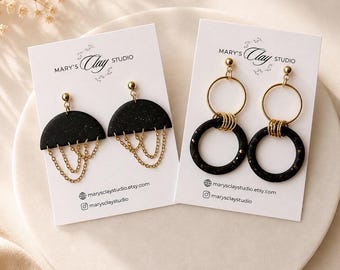 Handmade 18k Gold Plated PVD Studs, Black&Gold Earrings – Dangle with Chains or Hoops