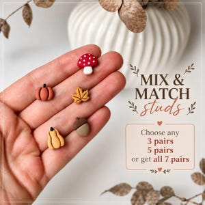Könnte beinhalten: Fünf kleine Ohrstecker in Form eines rot-weißen Pilzes, eines orangefarbenen Kürbisses, eines gelben Ahornblatts, einer beigen Eichel und eines gelben Kürbisses. Text: MIX & MATCH studs. Choose any 3 pairs, 5 pairs or get all 7 pairs.