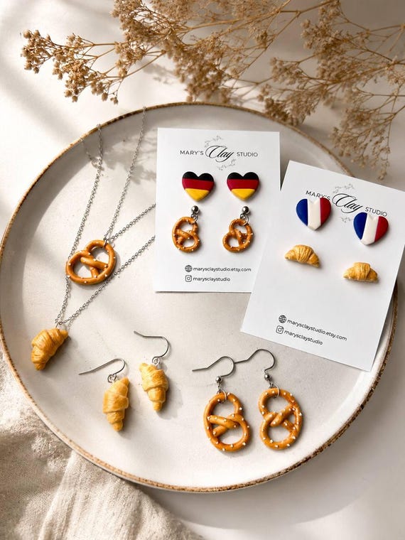 Croissant & Pretzel Jewelry Handmade Polymer Clay Earrings Necklace Gift