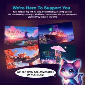 May include: A digital art graphic with the text "We're Here To Support You" and "Starting Soon" on multiple images. A cute cartoon cat is in the bottom right corner. The text "WE ARE OPEN FOR COMISSION DM FOR MORE!!" is in a speech bubble.