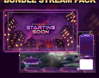 Könnte beinhalten: Ein digitales Stream-Paket mit einem lila und rosa Farbschema. Die Hauptgrafik zeigt eine Stadtlandschaft mit dem Text "Starting Soon". Zusätzliche Grafiken umfassen eine Live-Chat-Box und Follower-Benachrichtigungen. Der Text "Bundle Stream Pack" steht oben.