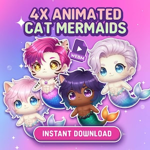 Peut inclure: Illustration de quatre sirènes-chats animées avec des cheveux colorés et des queues de sirène. L'image contient le texte "4X ANIMATED CAT MERMAIDS" et "INSTANT DOWNLOAD". Les sirènes ont des tons de peau et des couleurs de queue variés.