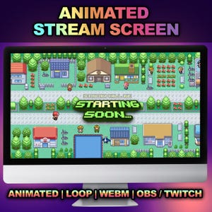 May include: A computer monitor shows an animated stream screen with a pixelated town scene. The text "STREAM WILL BE STARTING SOON..." is displayed. The screen is framed by text that reads "ANIMATED STREAM SCREEN" and "ANIMATED | LOOP | WEBM | OBS / TWITCH".